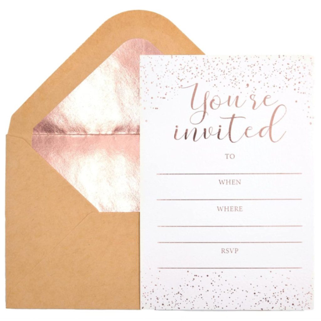 Chriz.Z Invitation Cards - 24-Count 4" x 6" White Invitation Cards ‘’You Are Invited’’ in Rose Gold Foil with 26 Foil Kraft Envelopes