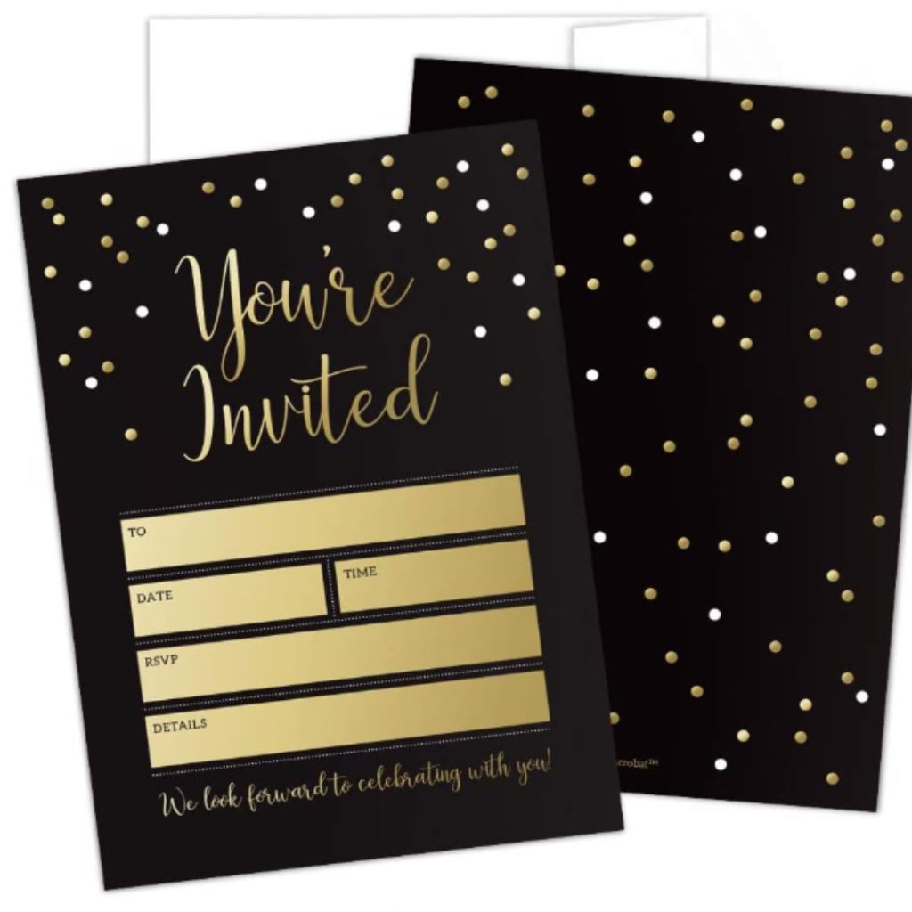 Hat Acrobat Black and Gold Party Invitations with Envelopes